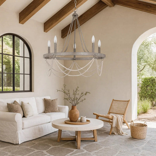 Lony 26 Inch Chandelier with White Beaded Candelabra Design, Metal
