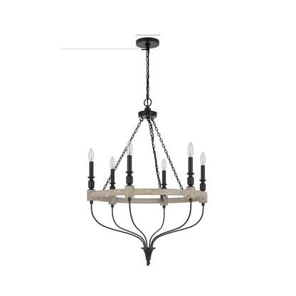 Omy 26 Inch Chandelier, Distressed Wood Wheel Candelabra Design, Black
