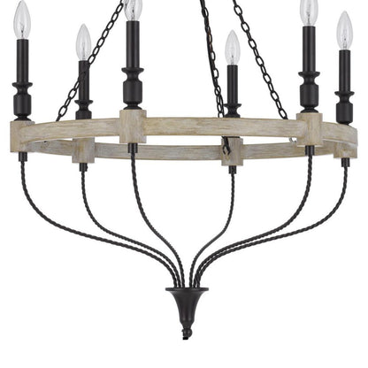 Omy 26 Inch Chandelier, Distressed Wood Wheel Candelabra Design, Black