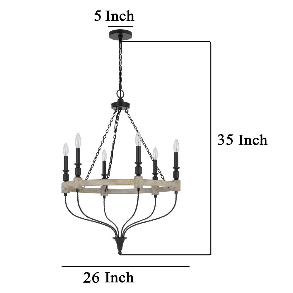 Omy 26 Inch Chandelier, Distressed Wood Wheel Candelabra Design, Black