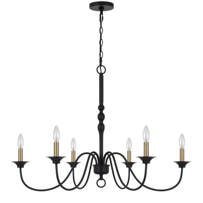 Rino 36 Inch Chandelier, Brass Candelabra Sleeve Accents, Black Metal