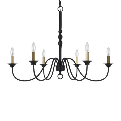 Rino 36 Inch Chandelier, Brass Candelabra Sleeve Accents, Black Metal