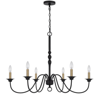 Rino 36 Inch Chandelier, Brass Candelabra Sleeve Accents, Black Metal