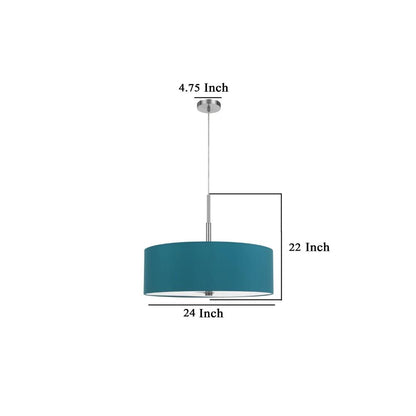 Sia Pendant Light Fixture w Blue Hardback Drum Shade, 24 Inch Chrome