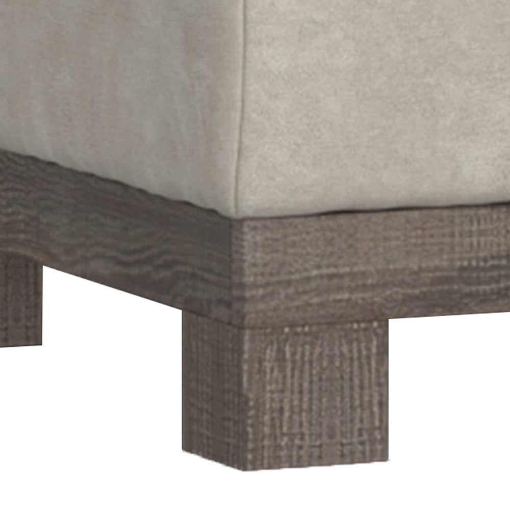 Sama Ottoman with Block Feet, 28 Inch Square Solid Wood, White Fabric