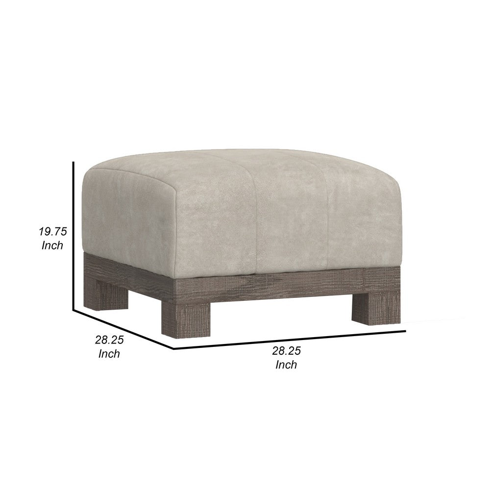 Sama Ottoman with Block Feet, 28 Inch Square Solid Wood, White Fabric
