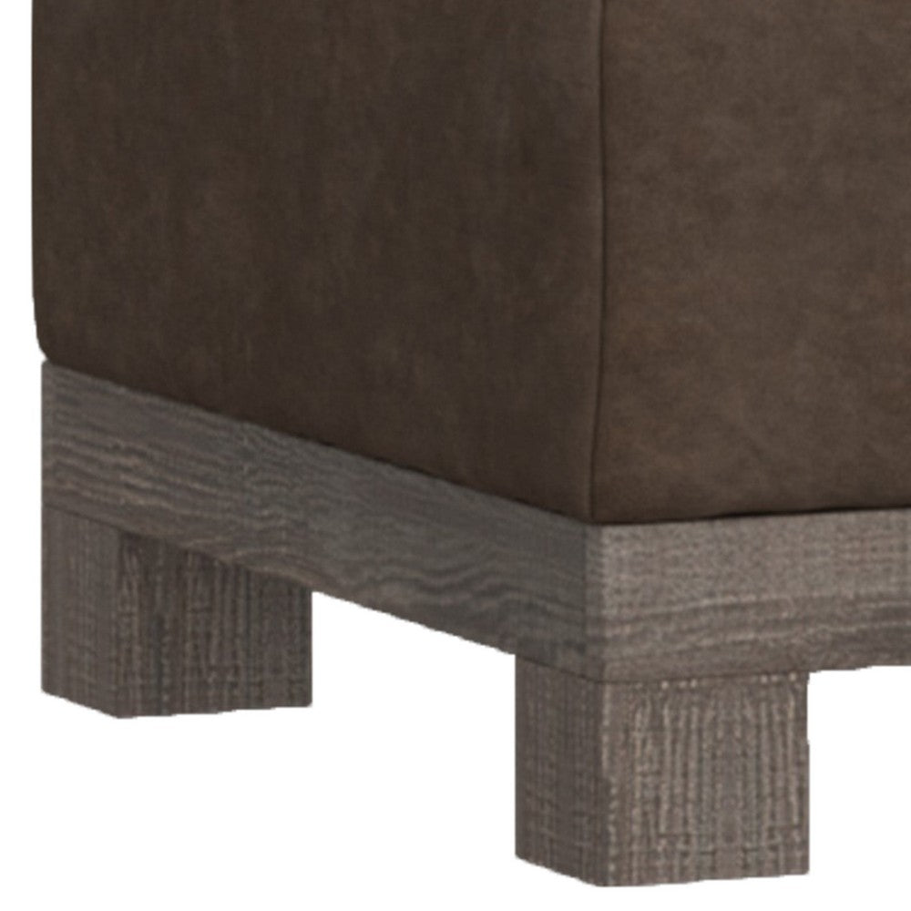 Sama Ottoman with Block Feet, 28 Inch Square Solid Wood, Brown Fabric