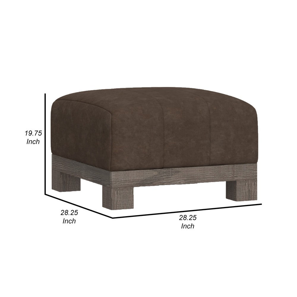 Sama Ottoman with Block Feet, 28 Inch Square Solid Wood, Brown Fabric