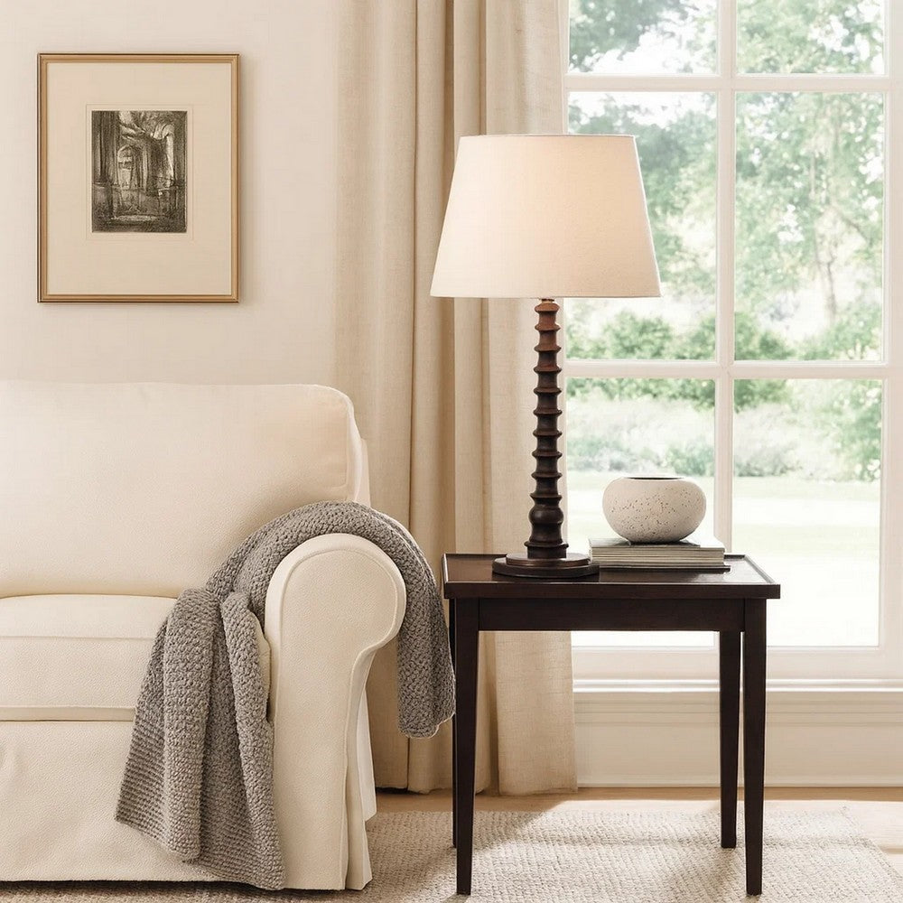 Dio 31 Inch Table Lamp, White Slub Drum Shade, Black Turned Wood Base