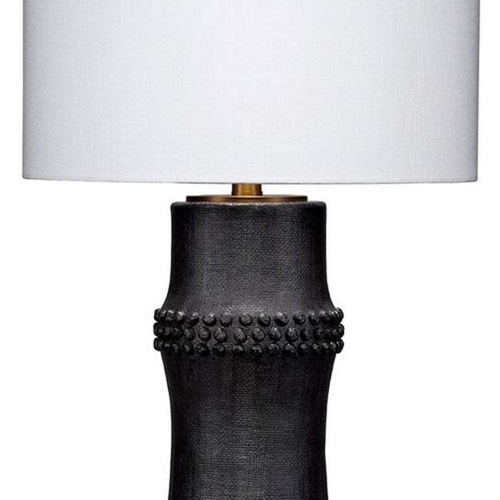 Lemy 28 Inch Table Lamp, White Linen Drum Shade, Dotted Black Base