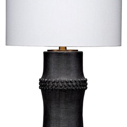Lemy 28 Inch Table Lamp, White Linen Drum Shade, Dotted Black Base