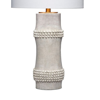Lemy 28 Inch Table Lamp, Round Linen Drum Shade, Dotted White Base