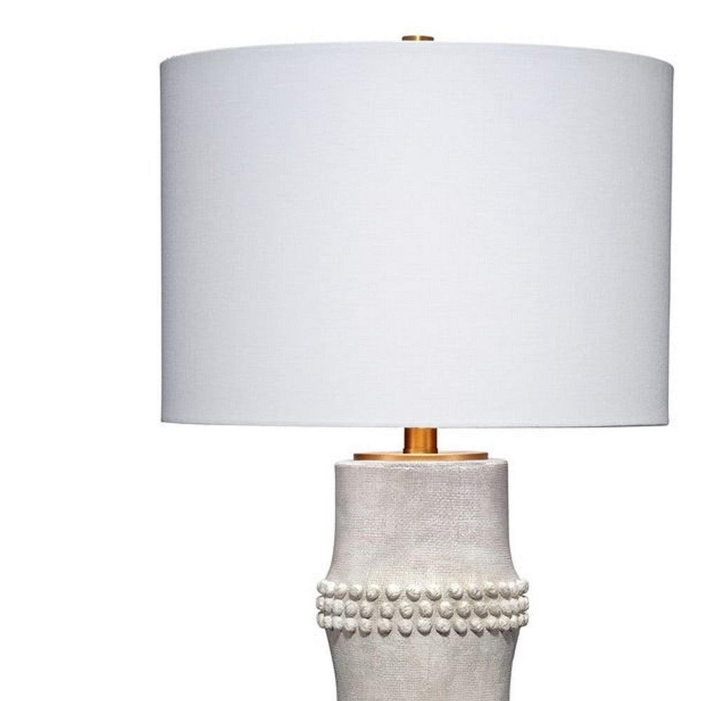 Lemy 28 Inch Table Lamp, Round Linen Drum Shade, Dotted White Base