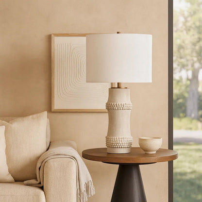 Lemy 28 Inch Table Lamp, Round Linen Drum Shade, Dotted White Base