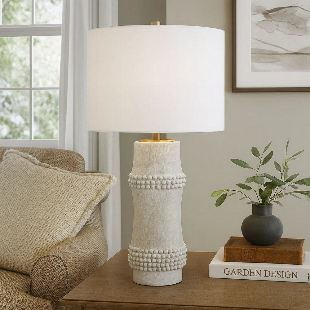 Lemy 28 Inch Table Lamp, Round Linen Drum Shade, Dotted White Base