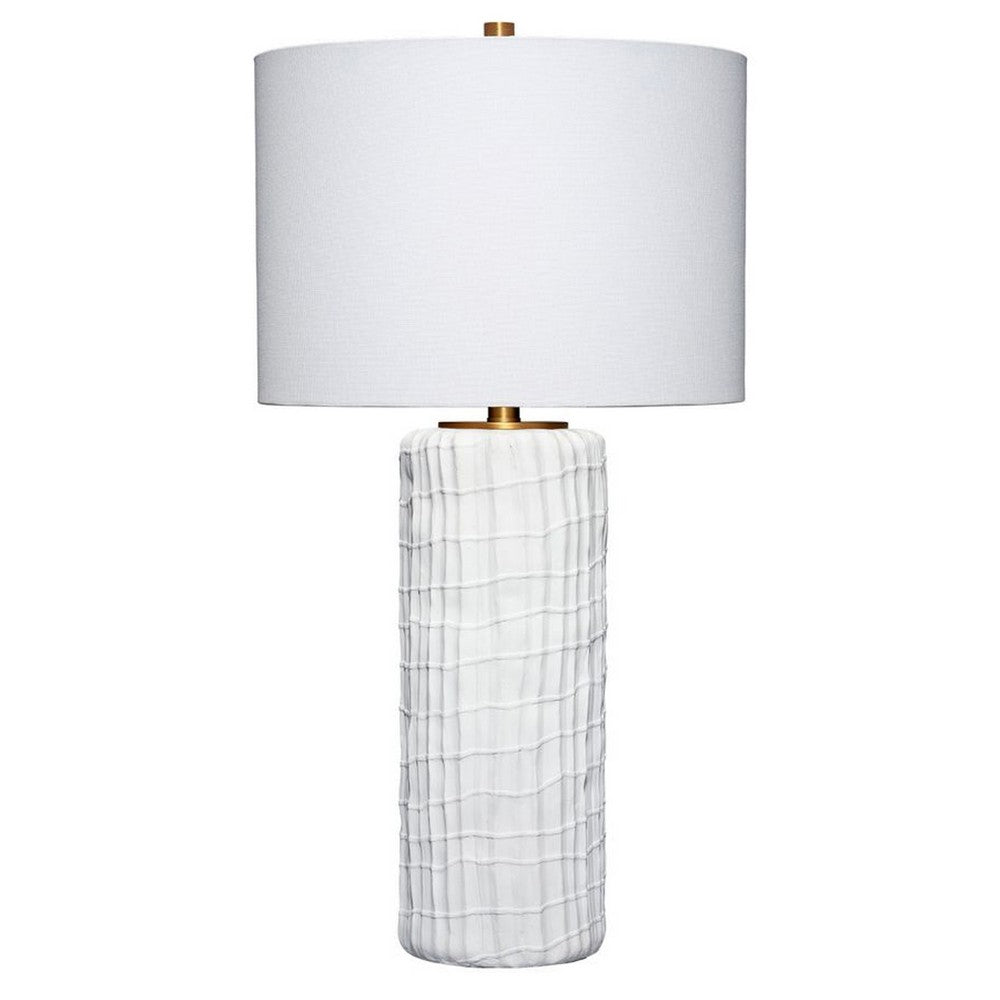 Mena 28 Inch Table Lamp, Round Drum Shade, Grid Pattern White Base