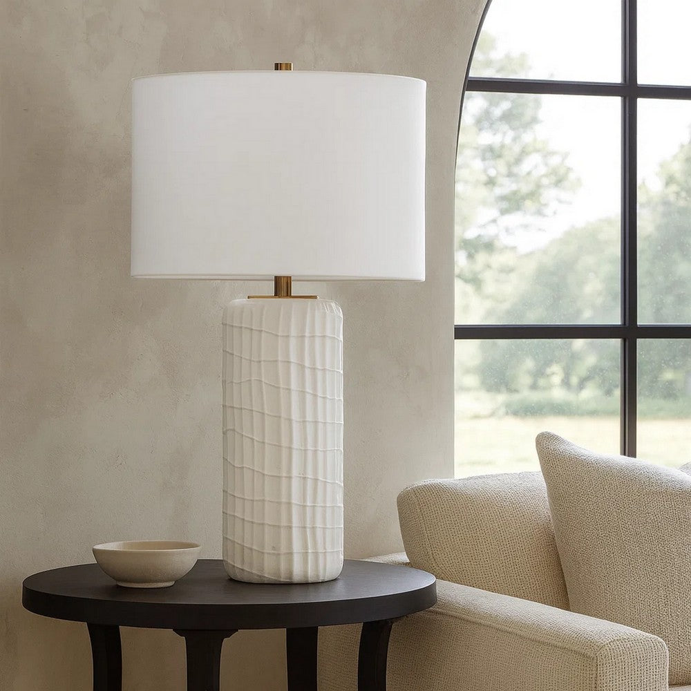 Mena 28 Inch Table Lamp, Round Drum Shade, Grid Pattern White Base