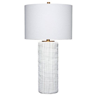 Mena 28 Inch Table Lamp, Round Drum Shade, Grid Pattern White Base