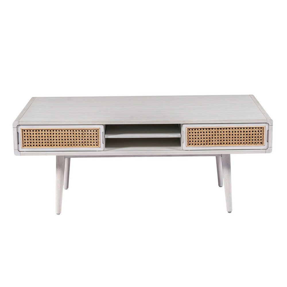 Camy Coffee Table, Brown Cane Woven Doors, Open Shelf, White 48 Inch