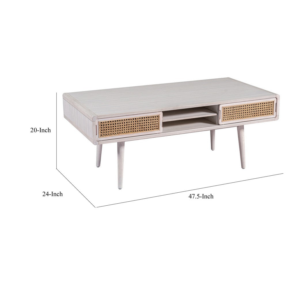 Camy Coffee Table, Brown Cane Woven Doors, Open Shelf, White 48 Inch