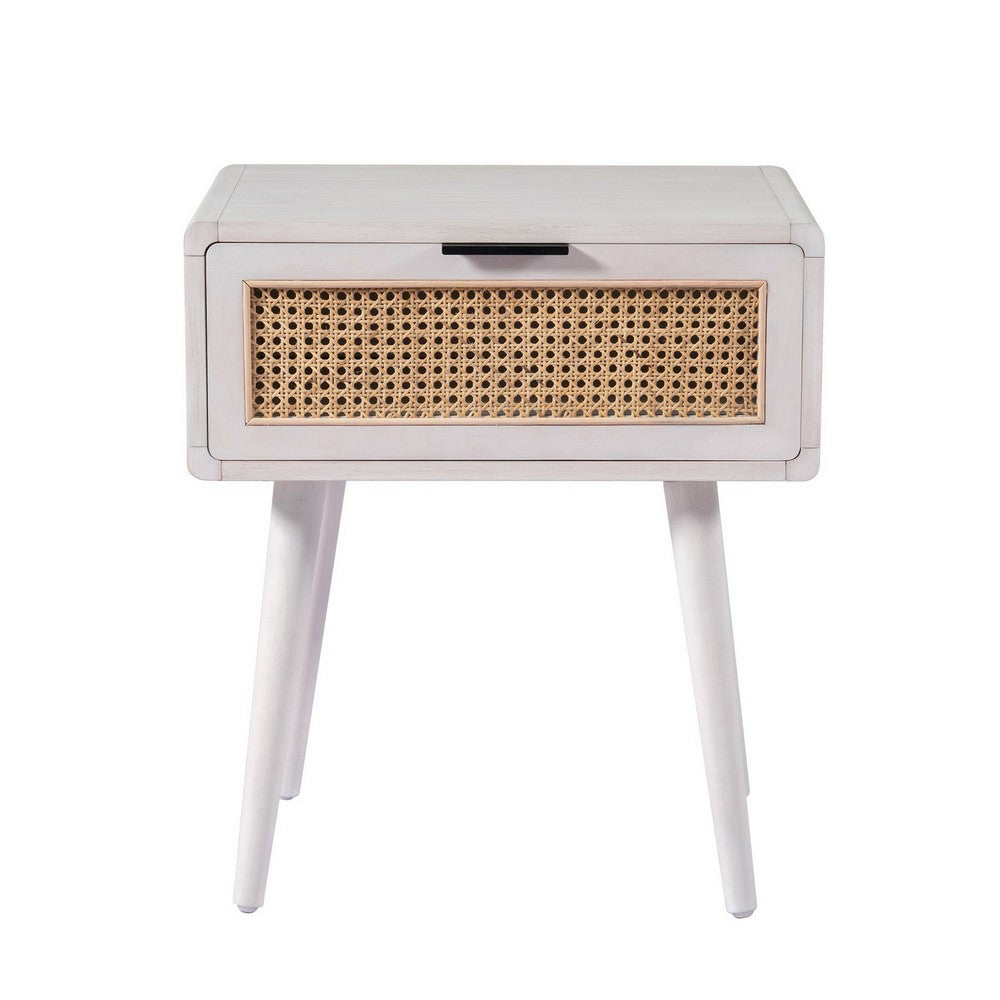 Camy Side End Table, Natural Brown Cane Woven Drawer, White 22 Inch