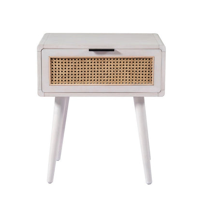 Camy Side End Table, Natural Brown Cane Woven Drawer, White 22 Inch