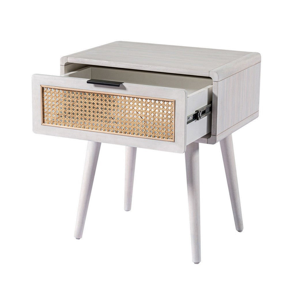 Camy Side End Table, Natural Brown Cane Woven Drawer, White 22 Inch