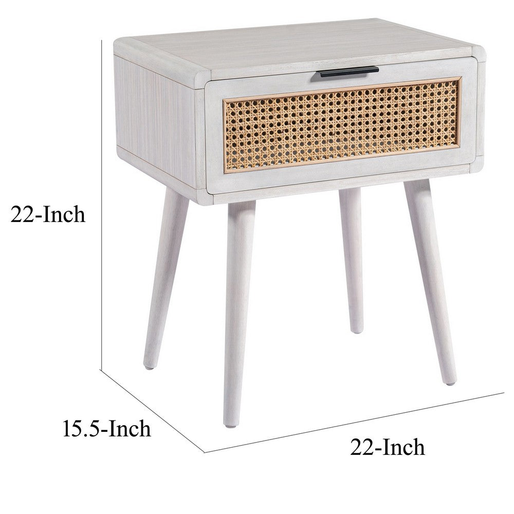 Camy Side End Table, Natural Brown Cane Woven Drawer, White 22 Inch
