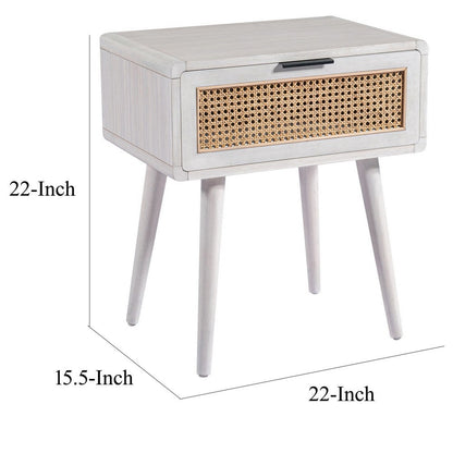 Camy Side End Table, Natural Brown Cane Woven Drawer, White 22 Inch