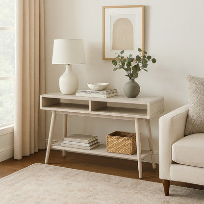 Camy Sofa Console Table, 2 Open Cubbies, 1 Lower Shelf, White 48 Inch