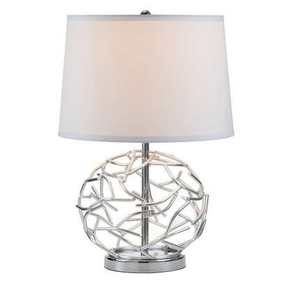 24 Inch Table Lamp, Silver Hollow Geometric Globe Base, Empire Shade