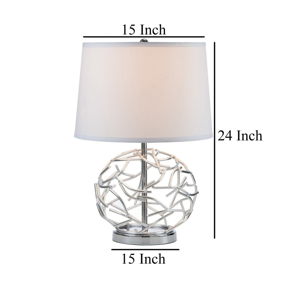 24 Inch Table Lamp, Silver Hollow Geometric Globe Base, Empire Shade