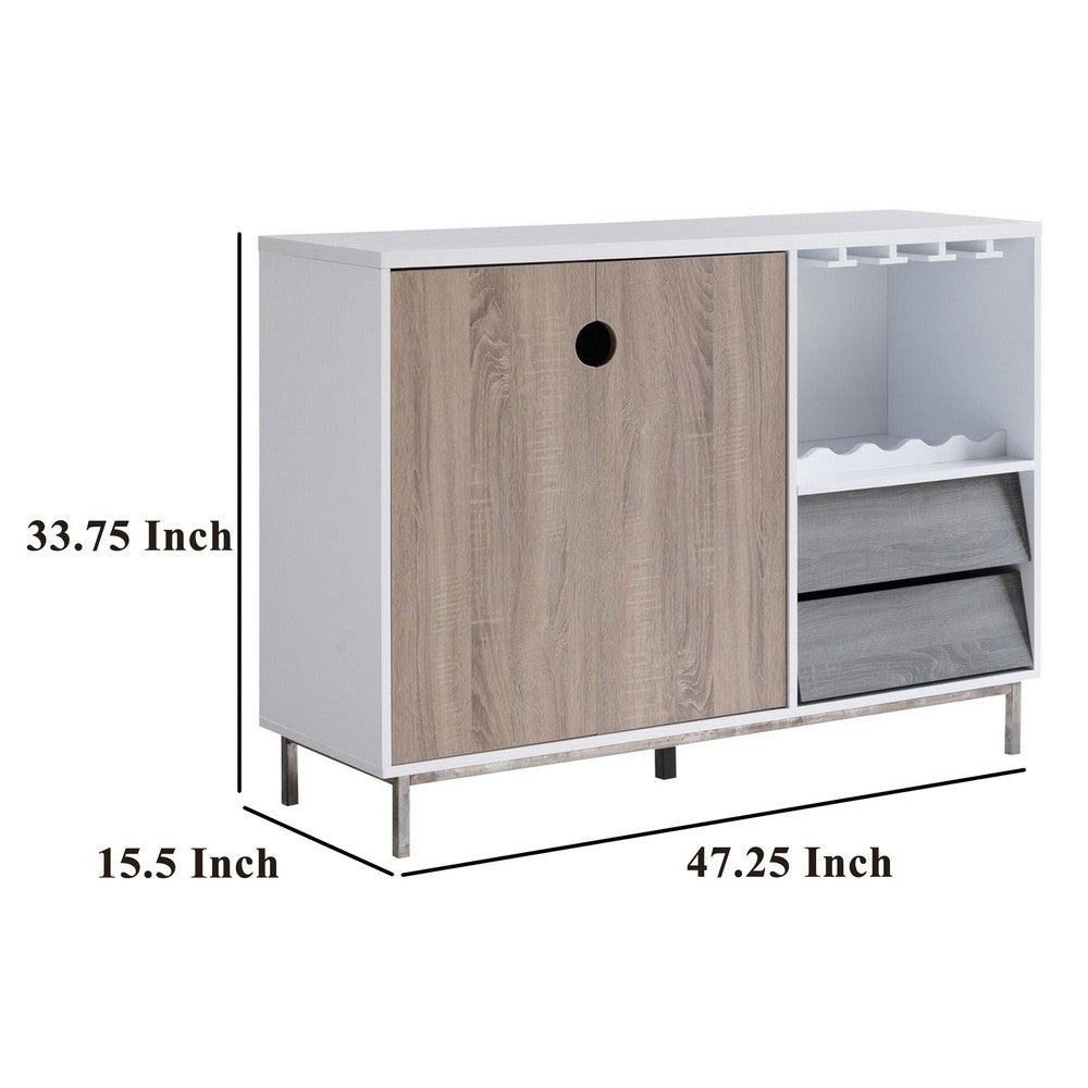 Wine Cabinet, 2 Drawers, Stemware and Bottle Rack, White Brown Gray