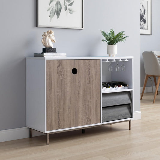 Wine Cabinet, 2 Drawers, Stemware and Bottle Rack, White Brown Gray