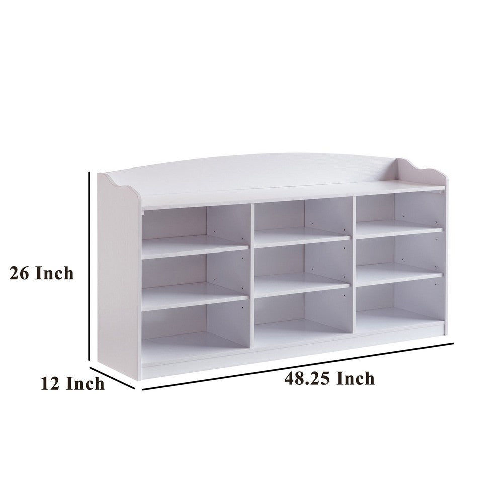 Hale Shoe Bench, 48 Inch Top, 9 Open Compartments, Modern White Finish