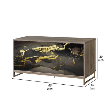 Loila Sideboard Console Cabinet, Black Marble Look, Brown Wood 65 Inch