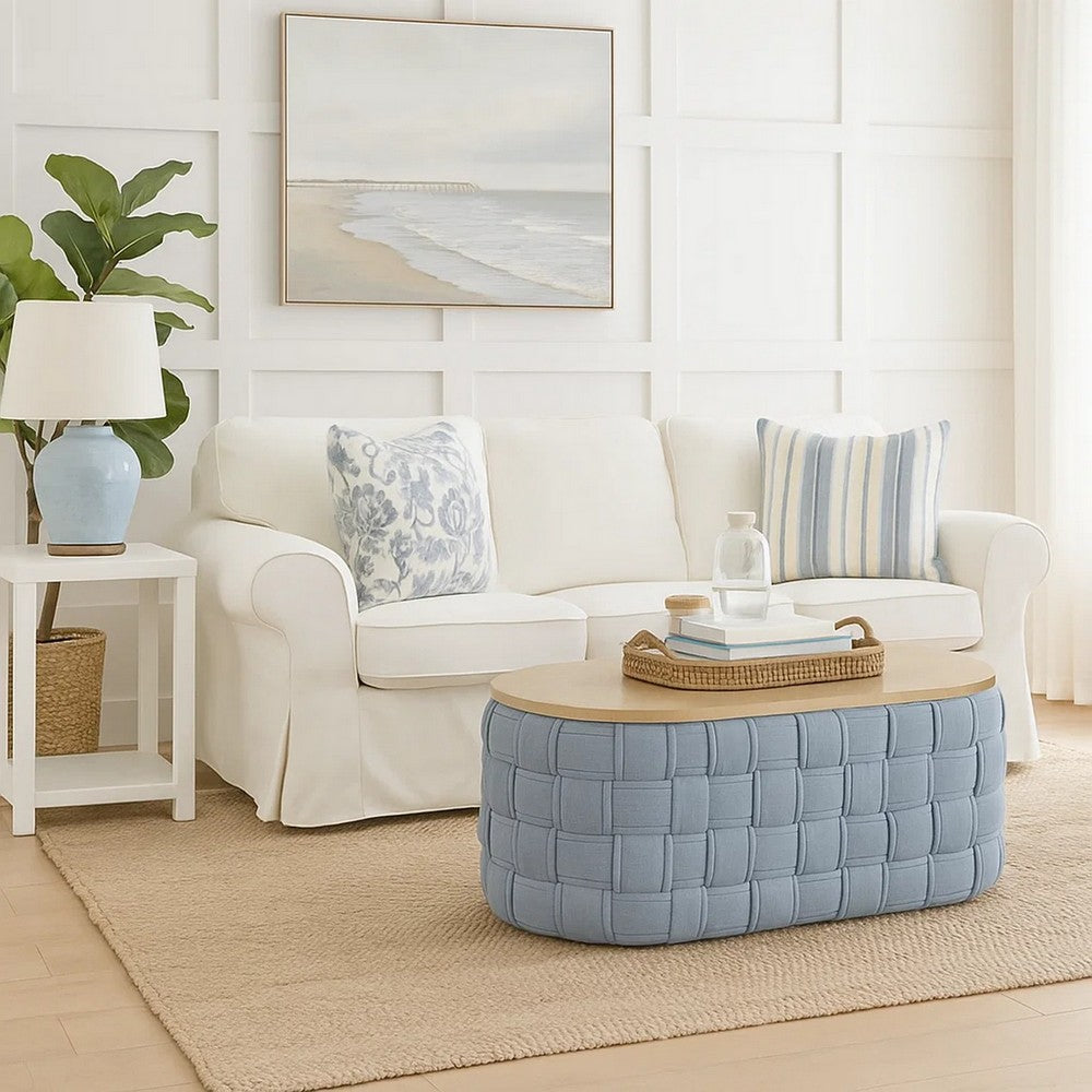 Reah Coffee Table, Knitted Light Blue Chenille, Brown Wood, 41 Inch