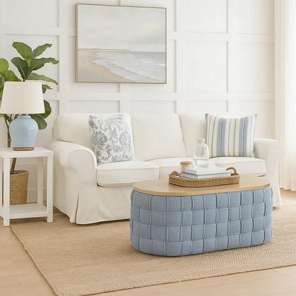 Reah Coffee Table, Knitted Light Blue Chenille, Brown Wood, 41 Inch