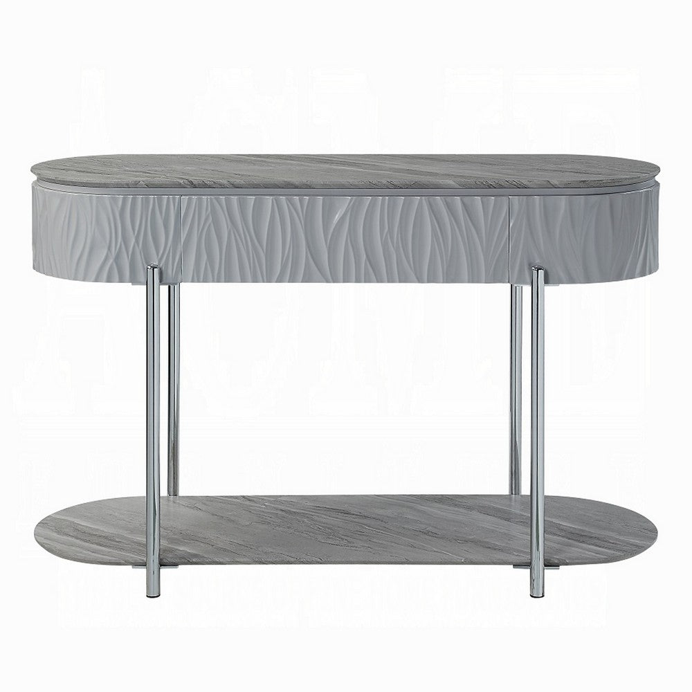 Doug Sofa Table, Gray High Gloss Wood, Drawers, Chrome Metal, 47 Inch
