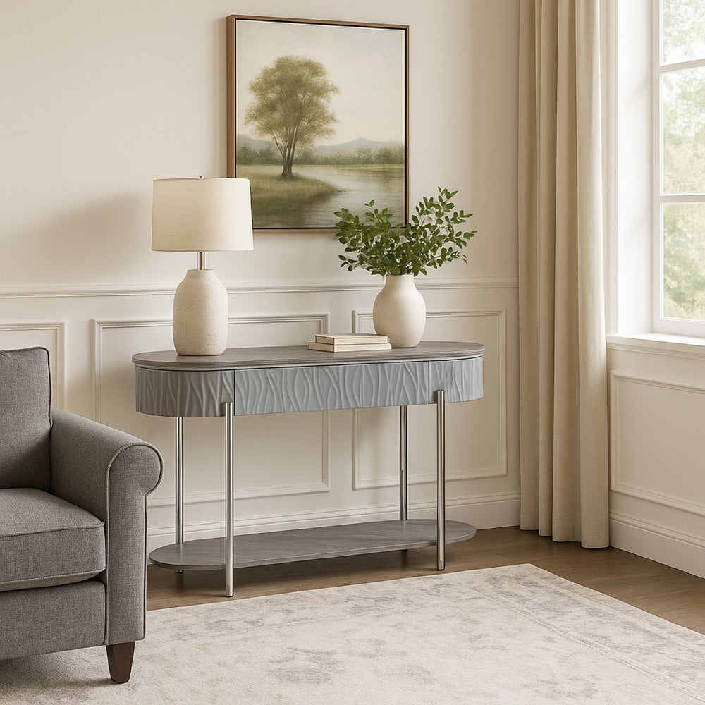Doug Sofa Table, Gray High Gloss Wood, Drawers, Chrome Metal, 47 Inch