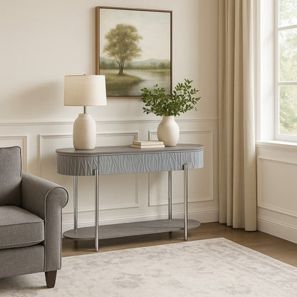 Doug Sofa Table, Gray High Gloss Wood, Drawers, Chrome Metal, 47 Inch