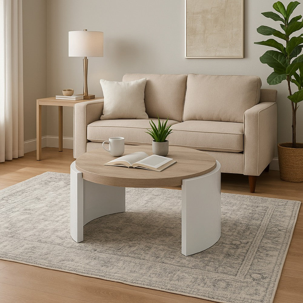 Romani Coffee Table, White High Gloss Wood, Brown Top, Round 33 Inch