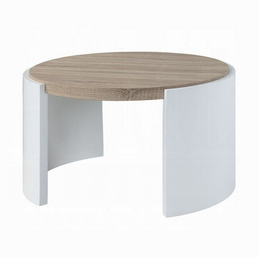 Romani Coffee Table, White High Gloss Wood, Brown Top, Round 33 Inch