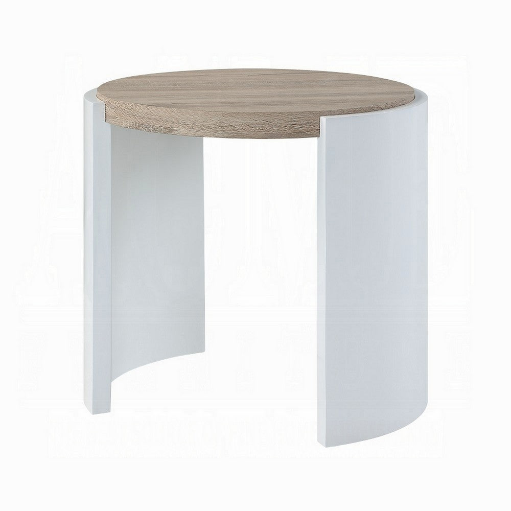 Romani Side End Table, White High Gloss Wood, Brown Top, Oval 26 Inch