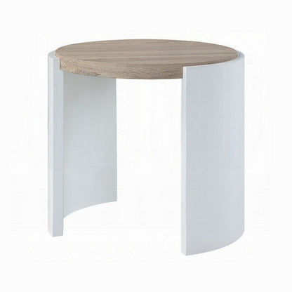 Romani Side End Table, White High Gloss Wood, Brown Top, Oval 26 Inch