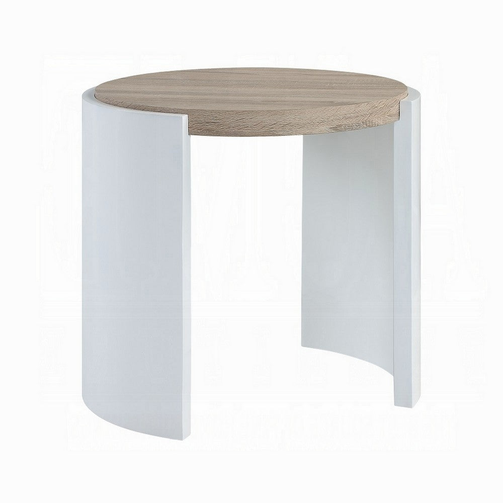 Romani Side End Table, White High Gloss Wood, Brown Top, Oval 26 Inch