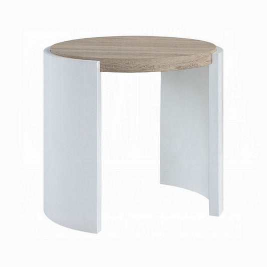 Romani Side End Table, White High Gloss Wood, Brown Top, Oval 26 Inch