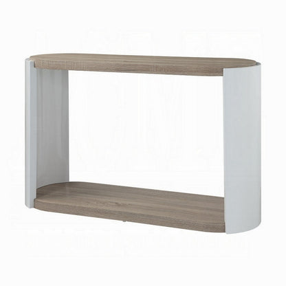 Romani Sofa Console Table, White High Gloss Wood, Brown, Oval 47 Inch