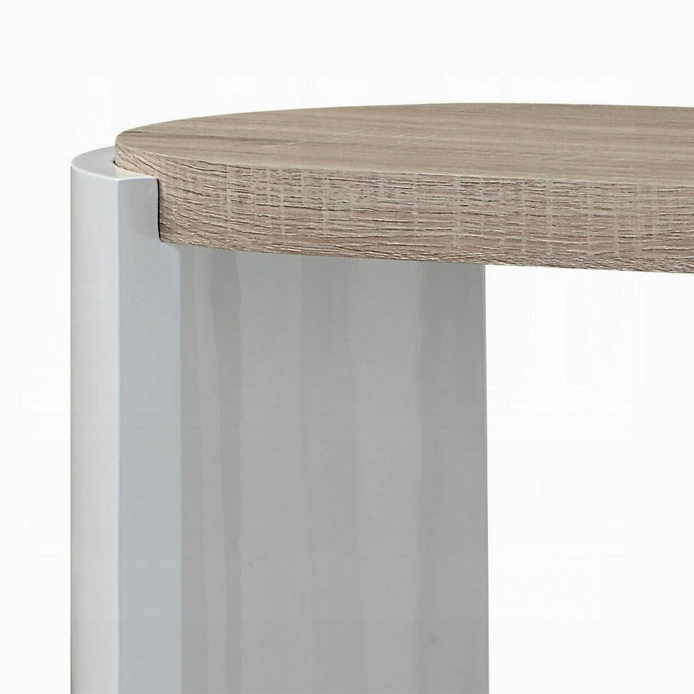 Romani Sofa Console Table, White High Gloss Wood, Brown, Oval 47 Inch