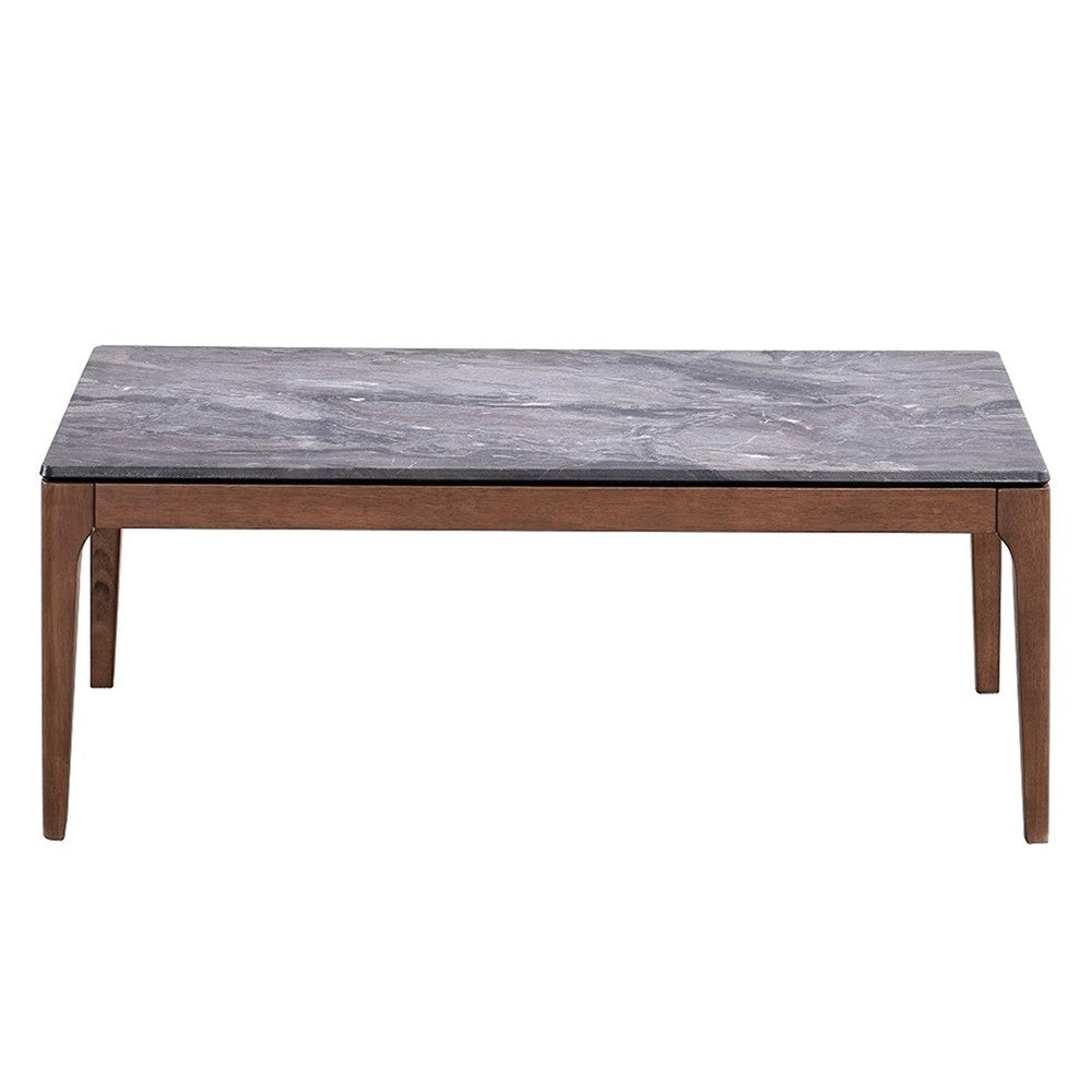 Evis Coffee Table, Rectangular 47 Inch Gray Faux Stone, Brown Wood